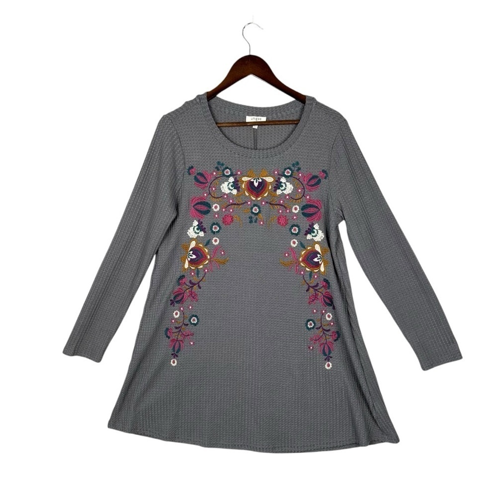 Anthropologie Umgee Gray Waffle Knit Embroidered Dress Sweater Long Sleeve Sz M